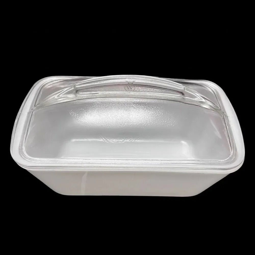 Vintage Westinghouse Loaf Pan Milk Glass Baking Refrigerator Dish Clear Lid 9”